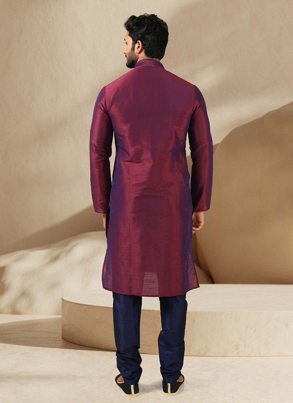 Embroidered Banarasi Silk Blue, Magenta Kurta Pyjama - M3238