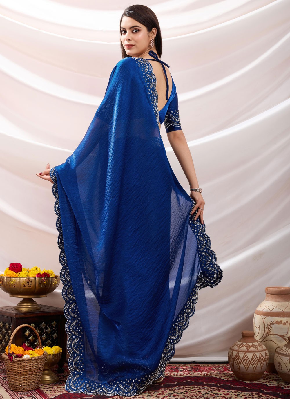 Classic Saree Beads Blue, Morpeach Chiffon Saree S13403
