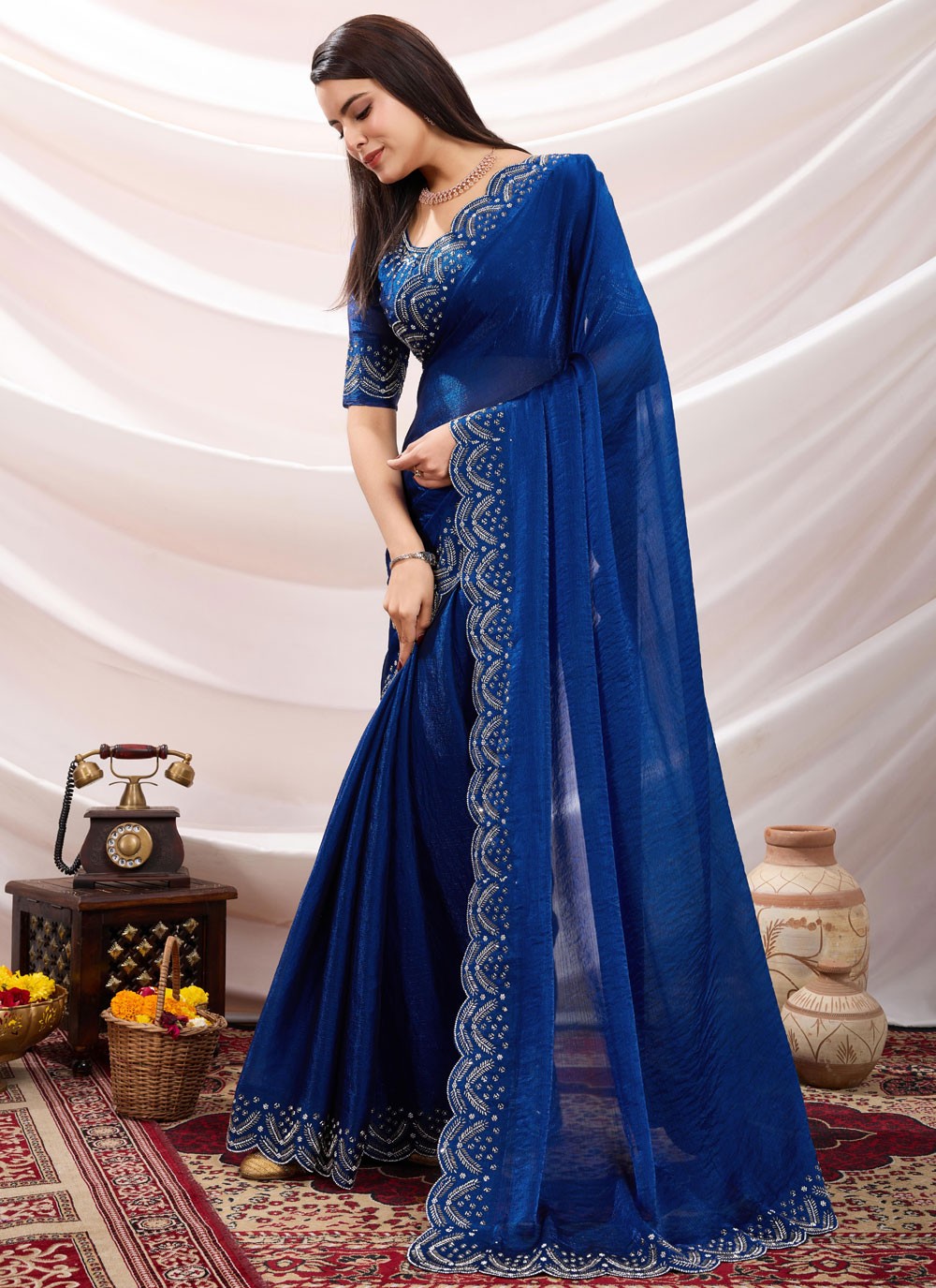 Classic Saree Beads Blue, Morpeach Chiffon Saree S13403