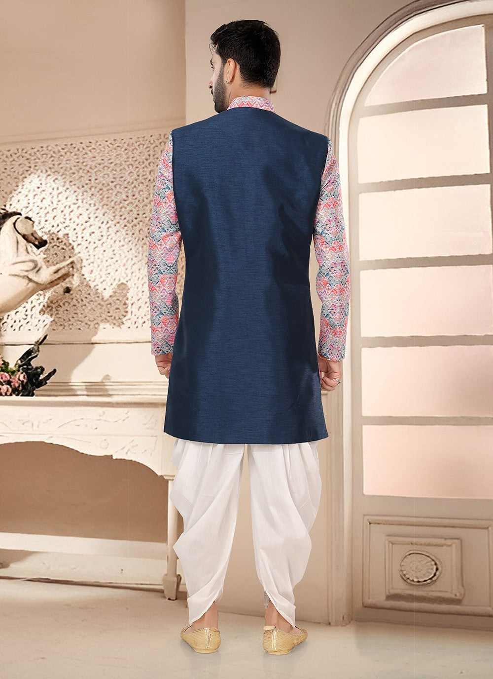 Digital Print Silk Blue, Multi Colour Sherwani - M7564