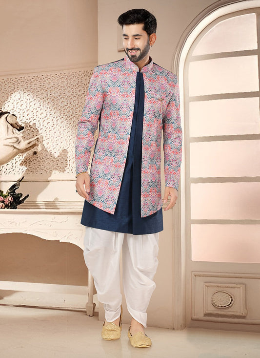 Digital Print Silk Blue, Multi Colour Sherwani - M7564