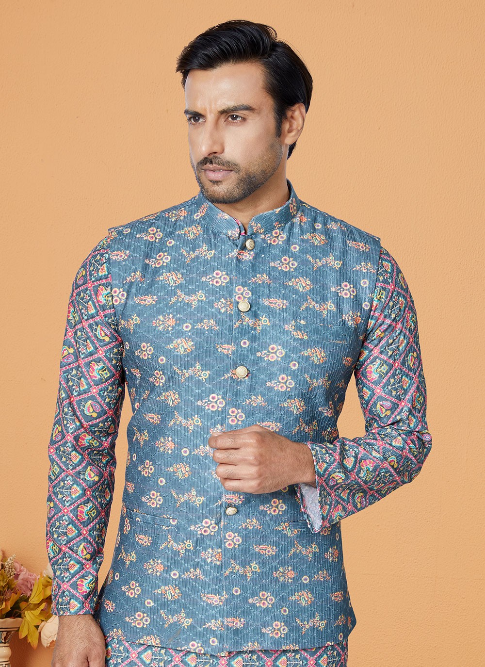 Embroidered Polyester Blue, Multi Colour Kurta Payjama With Jacket - M5557
