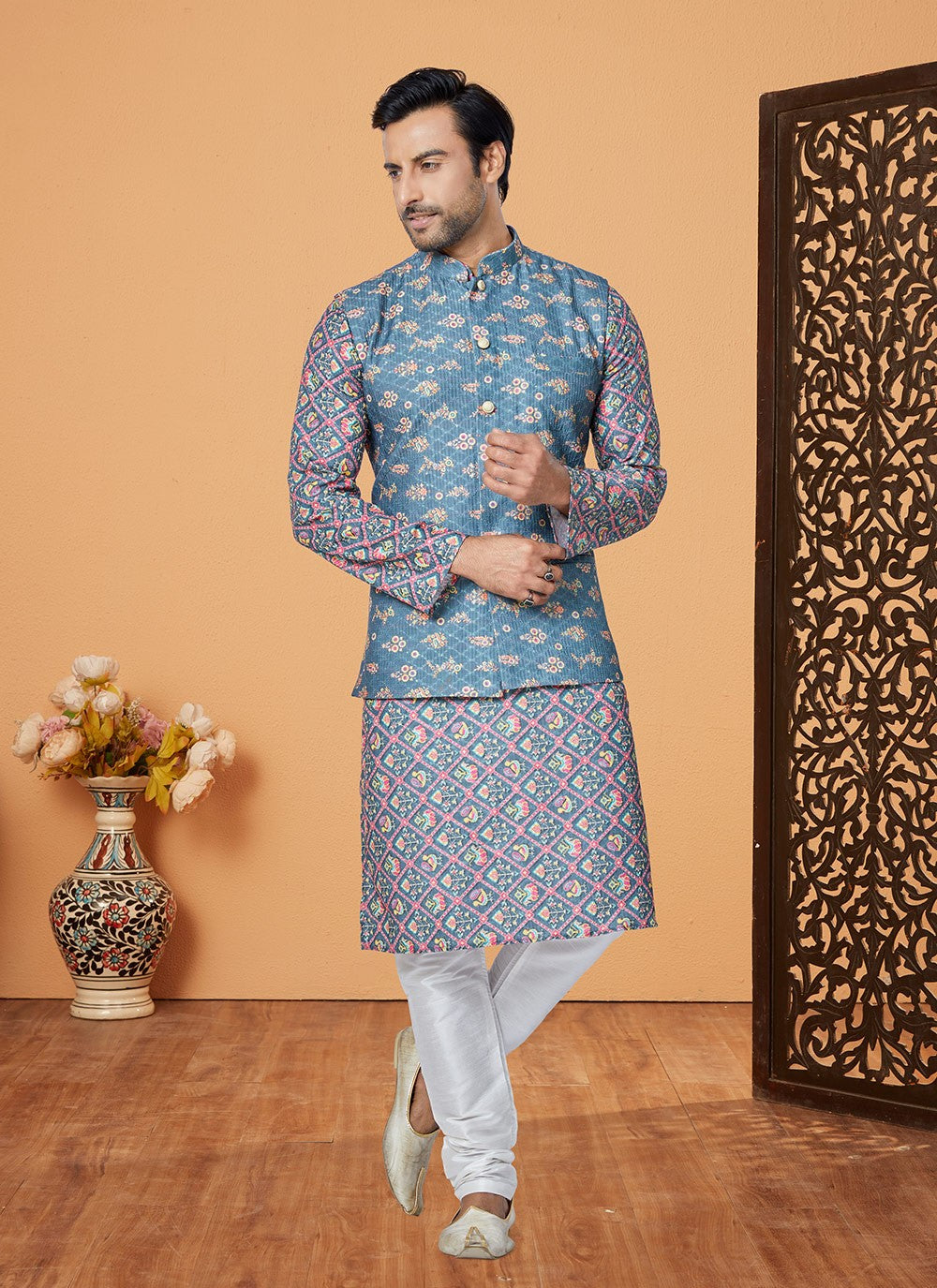 Embroidered Polyester Blue, Multi Colour Kurta Payjama With Jacket - M5557