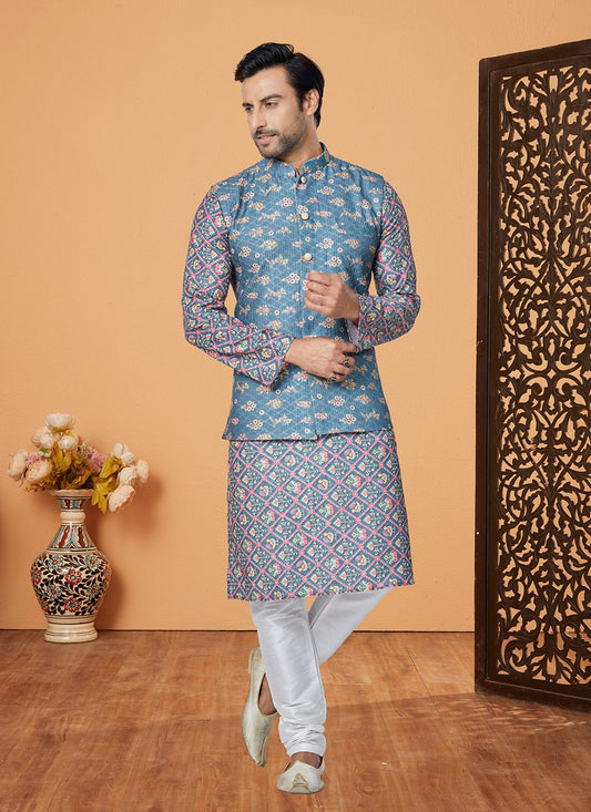 Embroidered Polyester Blue, Multi Colour Kurta Payjama With Jacket - M5557