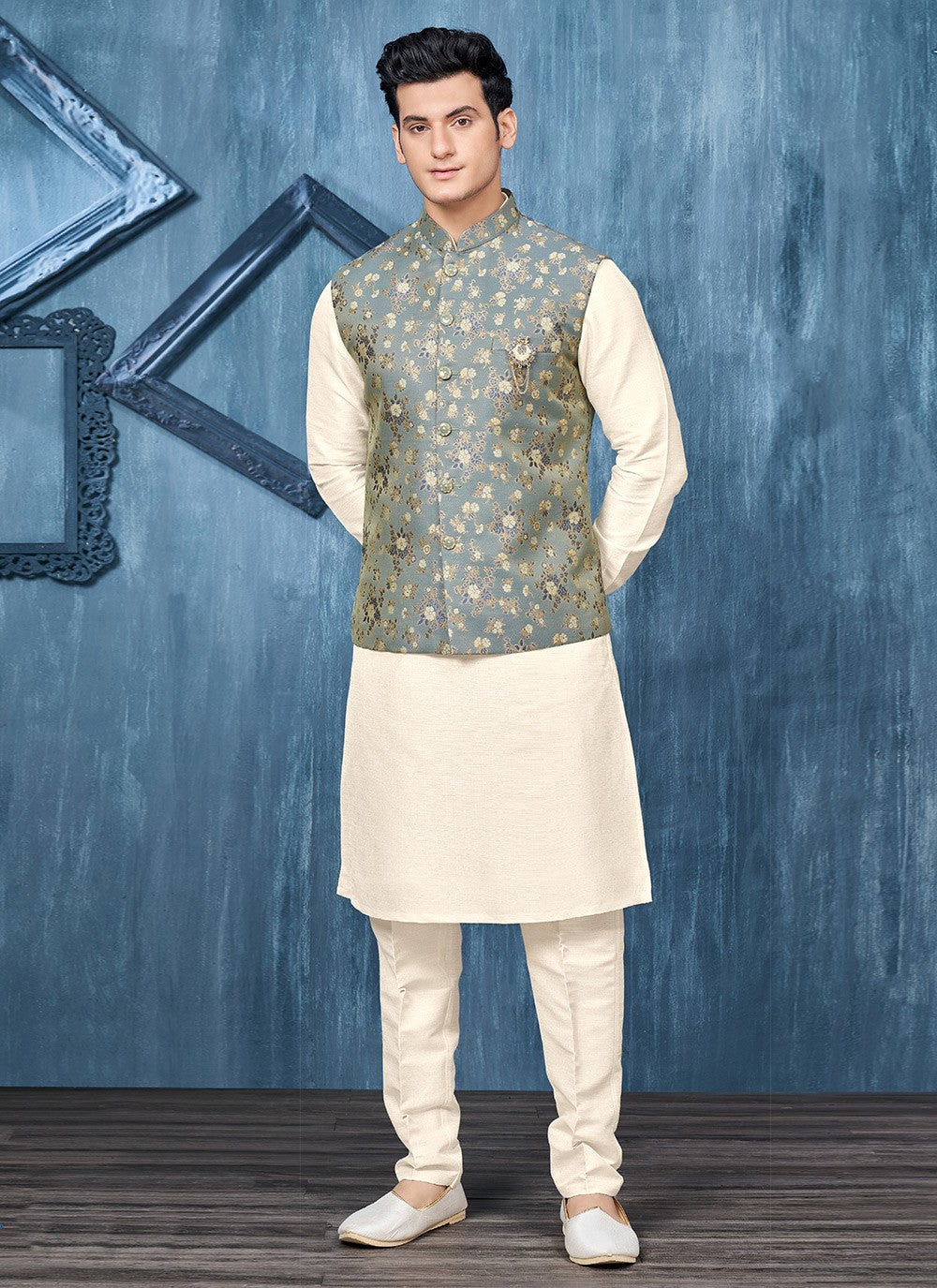 Fancy Work Jacquard Blue, Off White Kurta Payjama With Jacket - M6316