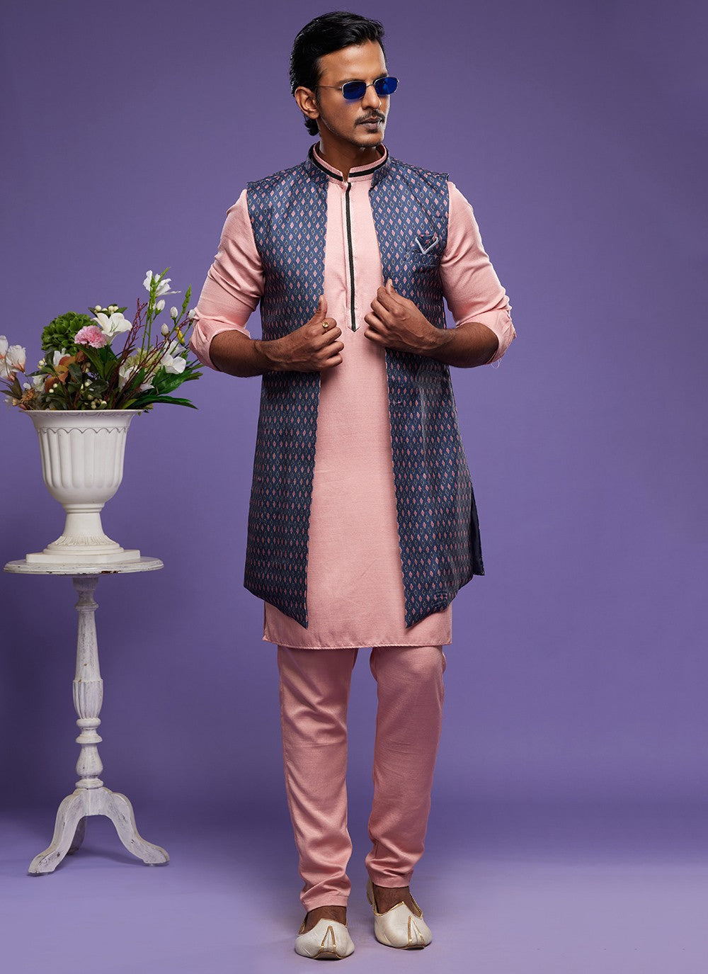 Digital Print Banarasi Silk Blue, Pink Kurta Payjama With Jacket - M6064