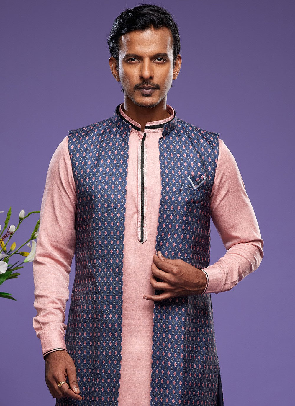 Digital Print Banarasi Silk Blue, Pink Kurta Payjama With Jacket - M6064