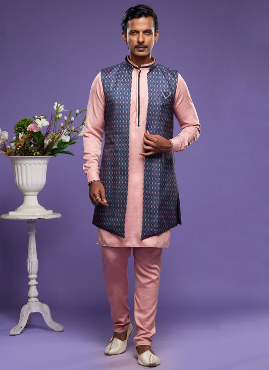 Digital Print Banarasi Silk Blue, Pink Kurta Payjama With Jacket - M6064