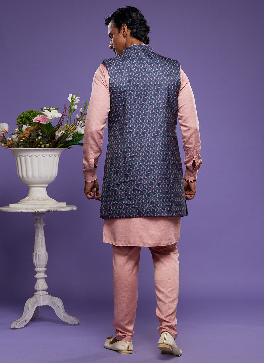Digital Print Banarasi Silk Blue, Pink Kurta Payjama With Jacket - M6064