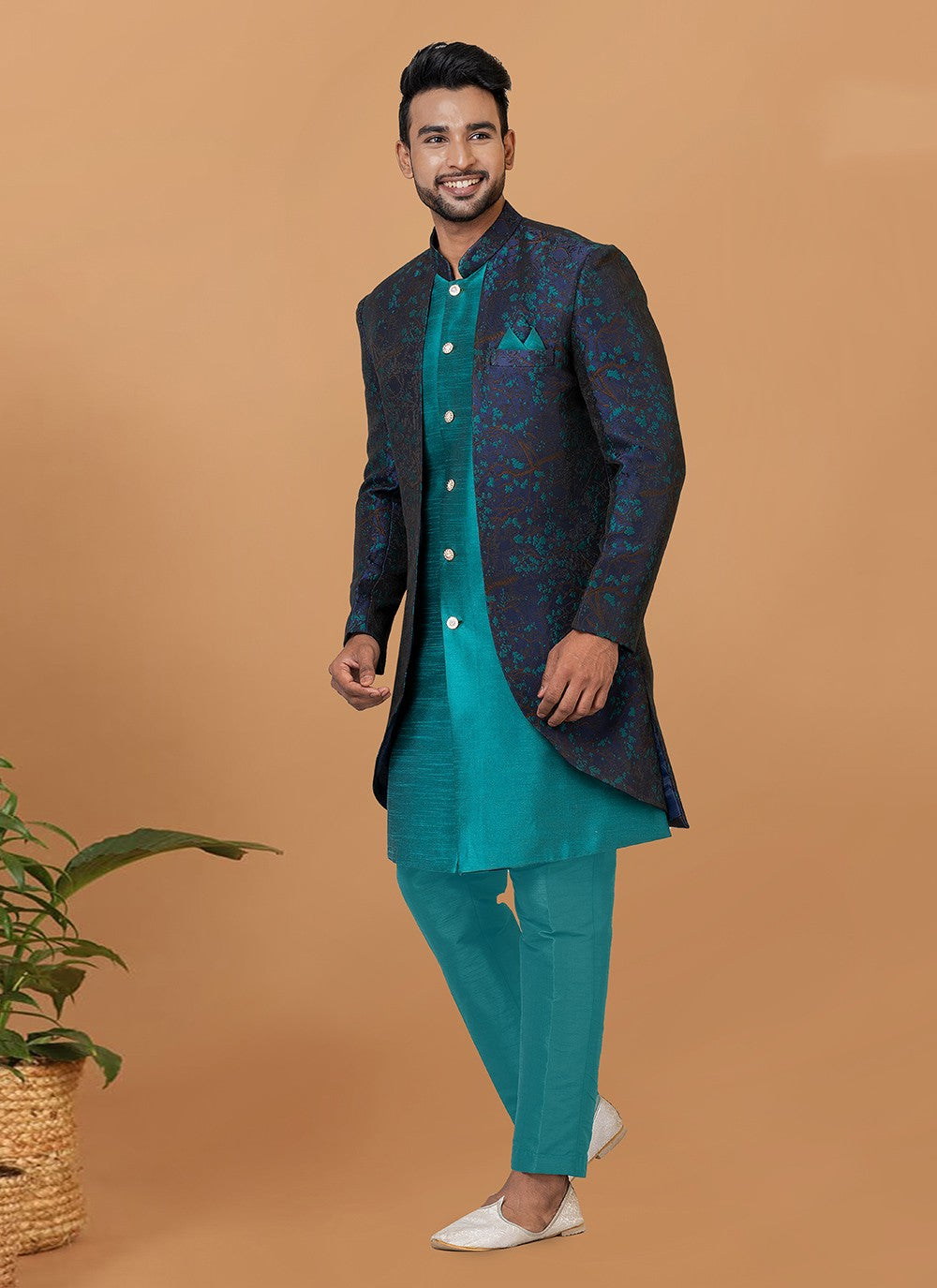 Fancy Work Dupion Silk, Jacquard Silk Blue, Rama Indo Western - M5989