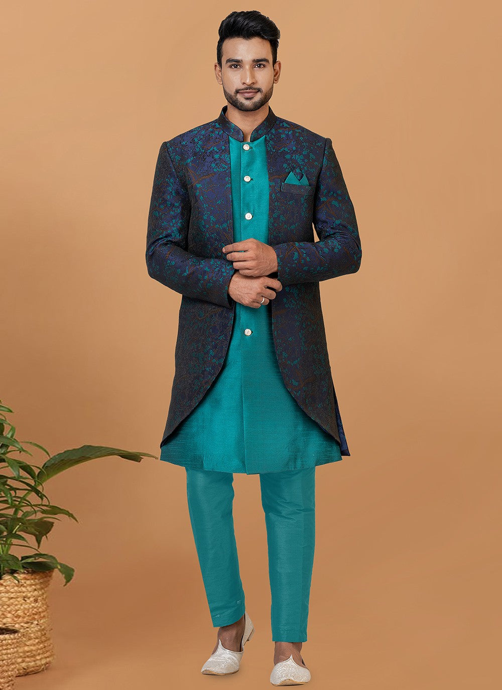 Fancy Work Dupion Silk, Jacquard Silk Blue, Rama Indo Western - M5989