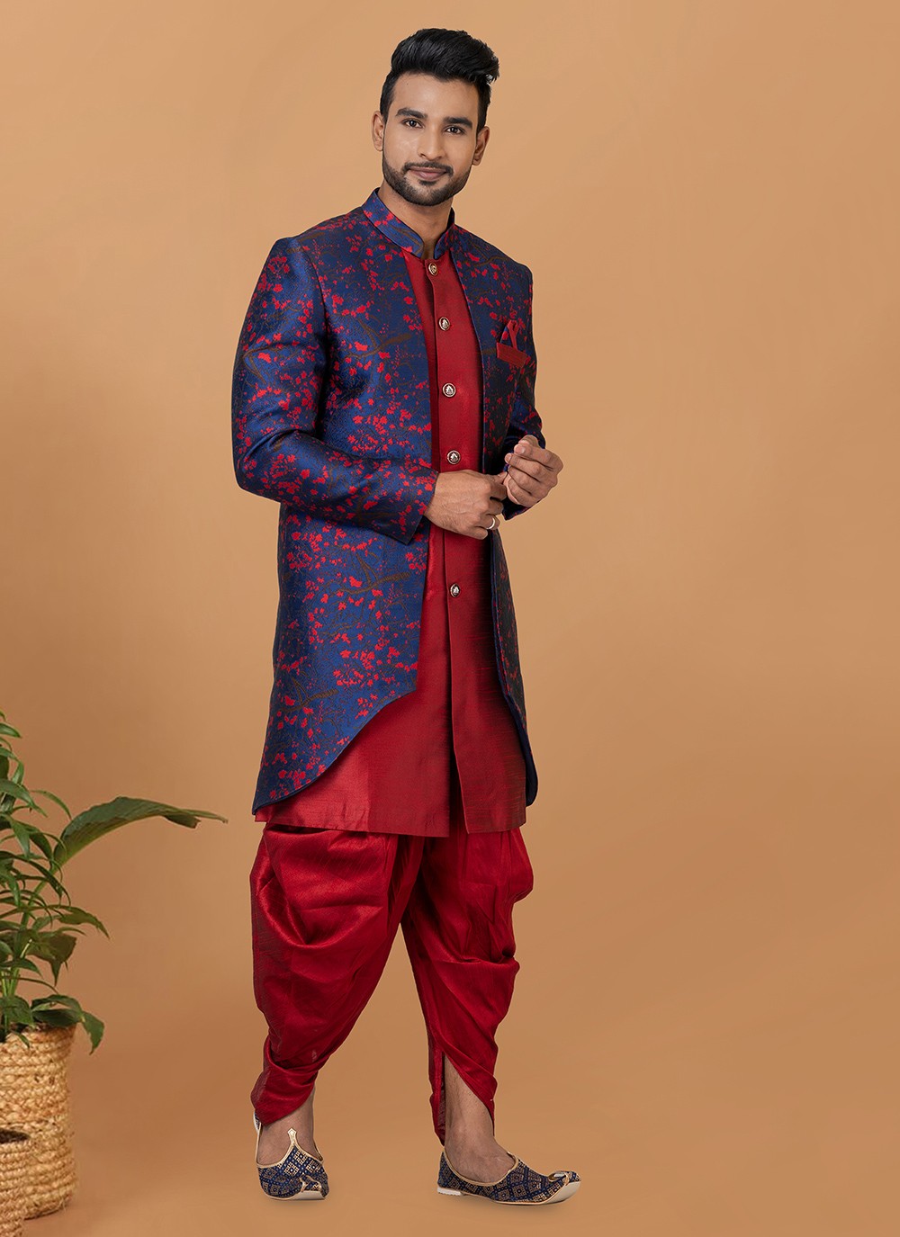 Fancy Work Dupion Silk, Jacquard Silk Blue, Red Indo Western Sherwani - M5998