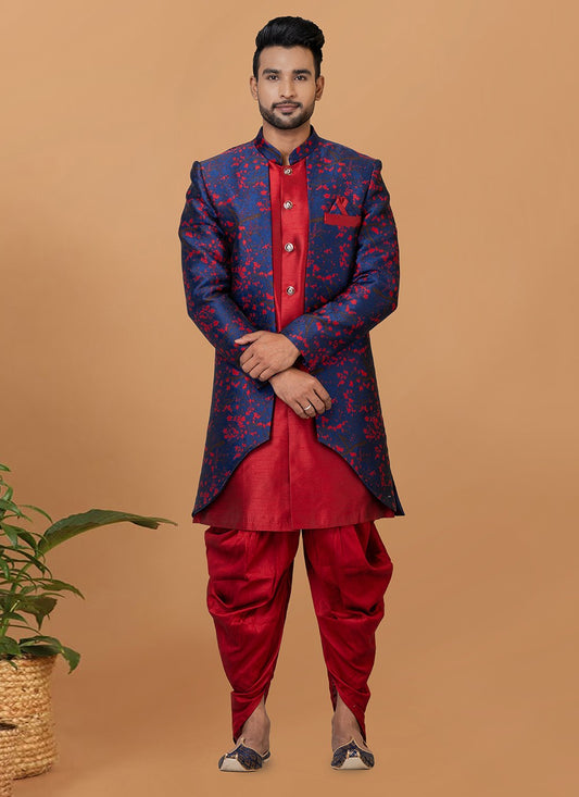 Fancy Work Dupion Silk, Jacquard Silk Blue, Red Indo Western Sherwani - M5998
