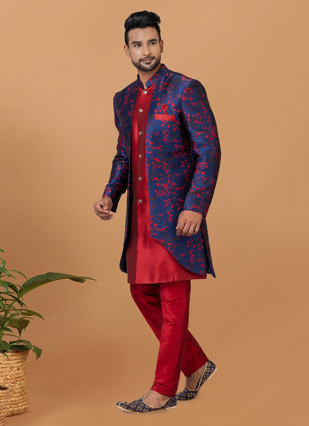 Fancy Work Dupion Silk, Jacquard Silk Blue, Red Indo Western Sherwani - M5997