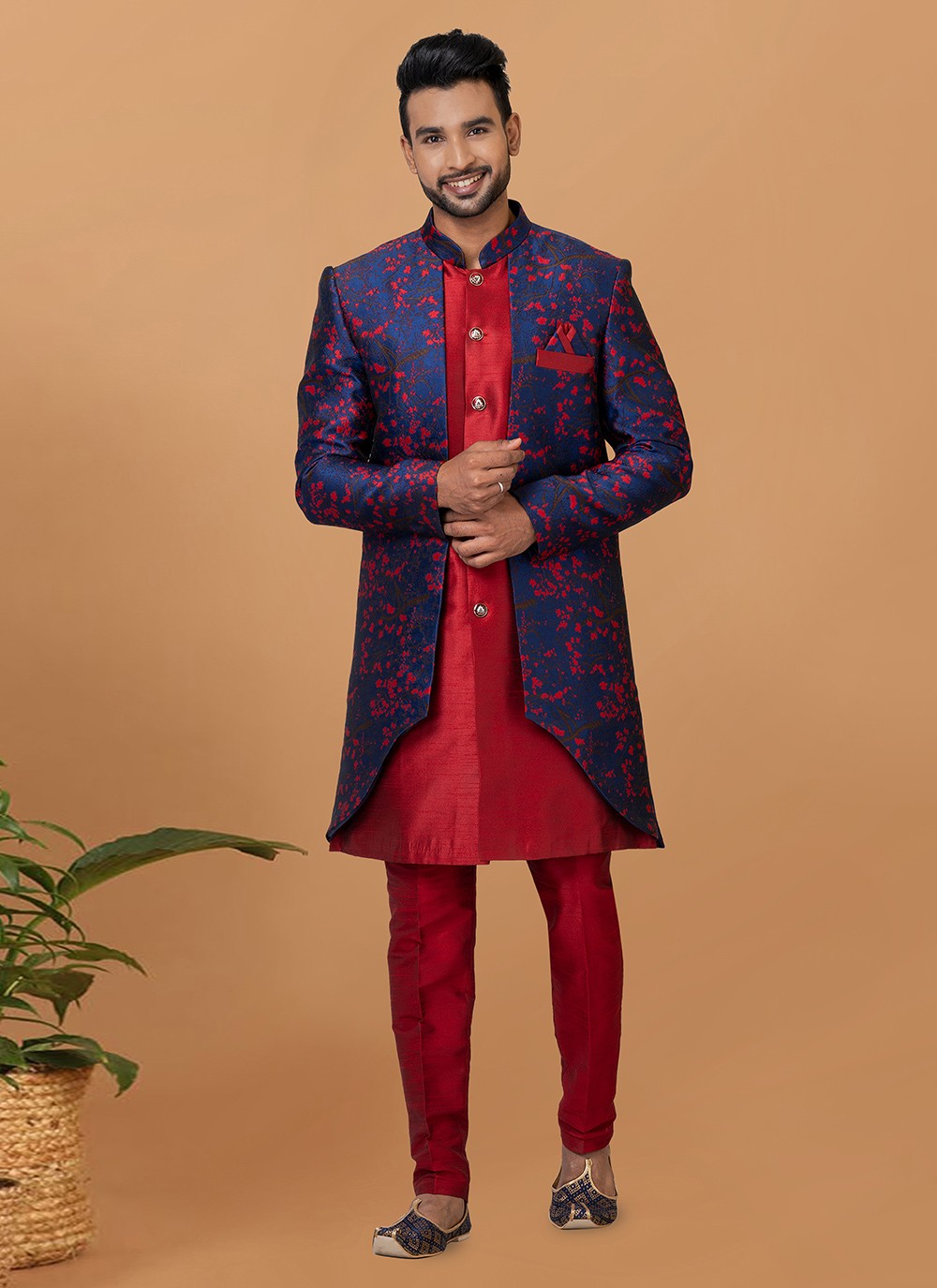 Fancy Work Dupion Silk, Jacquard Silk Blue, Red Indo Western Sherwani - M5997