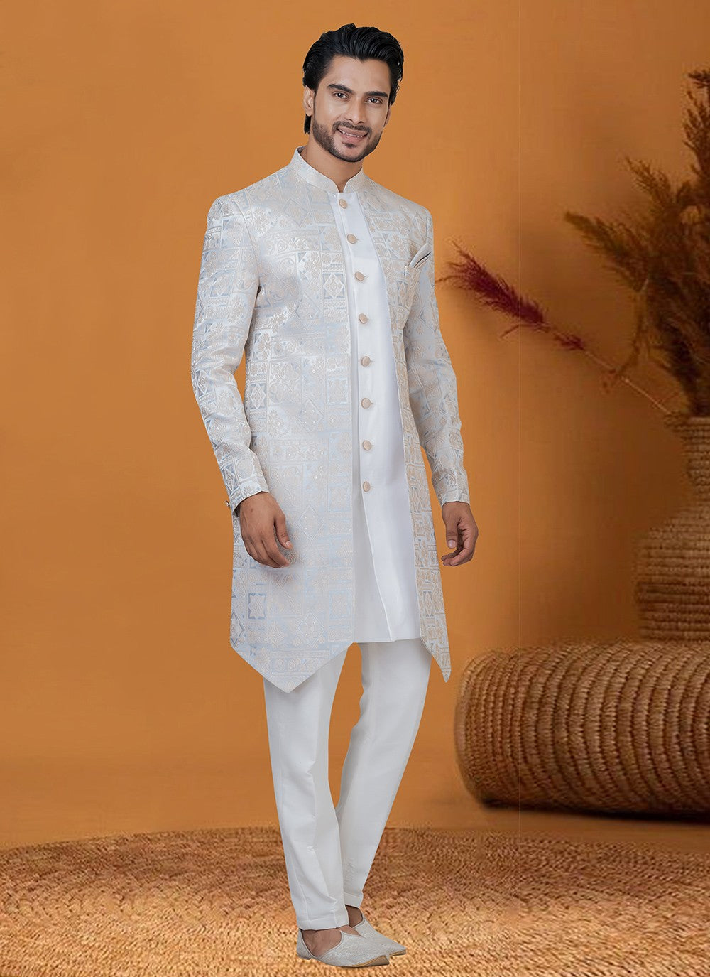 Jacquard Work Jacquard Silk Blue, Silver Indo Western - M8377