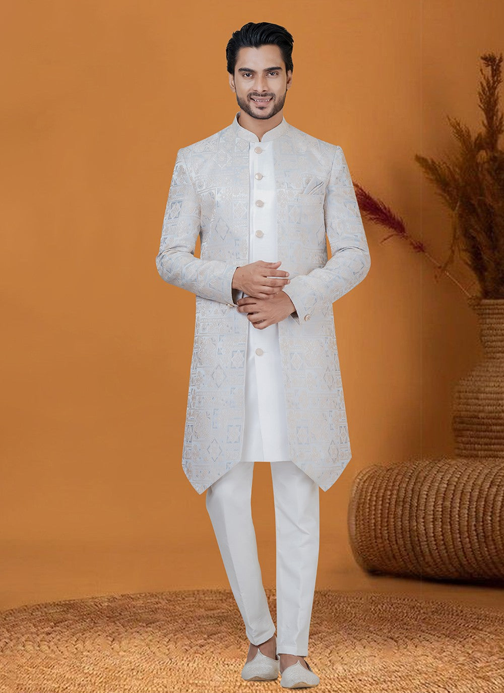 Jacquard Work Jacquard Silk Blue, Silver Indo Western - M8377