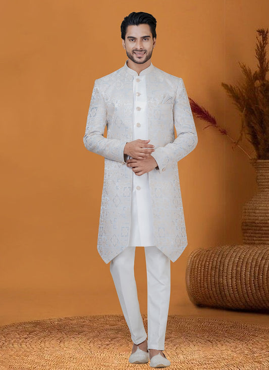 Jacquard Work Jacquard Silk Blue, Silver Indo Western - M8377