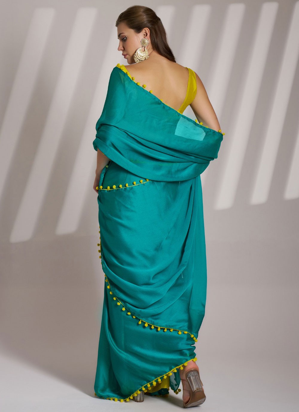 Contemporary Border Work Blue, Teal Chiffon Saree S13567