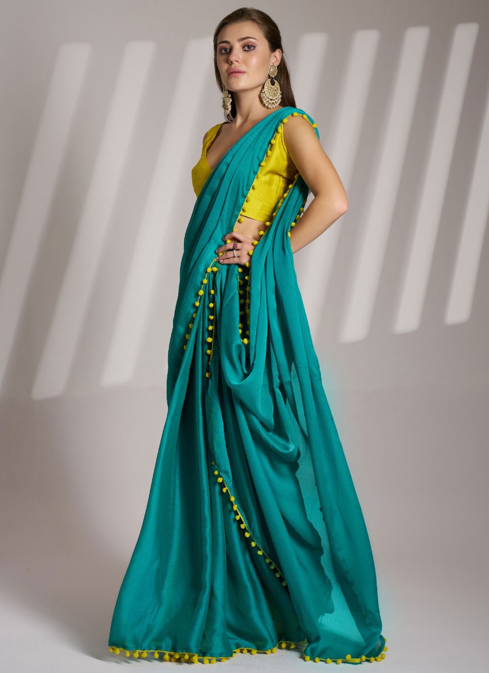 Contemporary Border Work Blue, Teal Chiffon Saree S13567