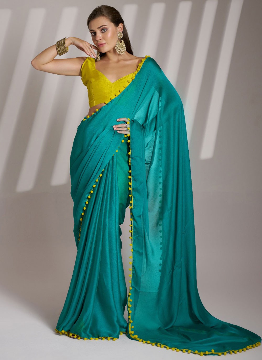 Contemporary Border Work Blue, Teal Chiffon Saree S13567