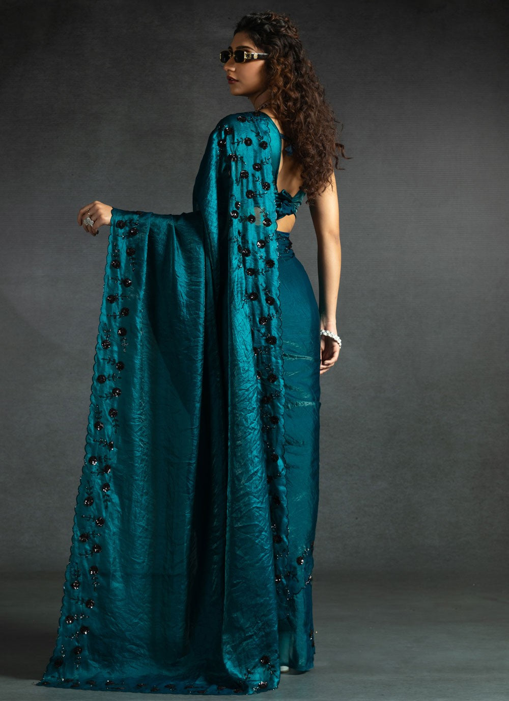 Cut Work Satin Silk Blue Designer Saree S14879