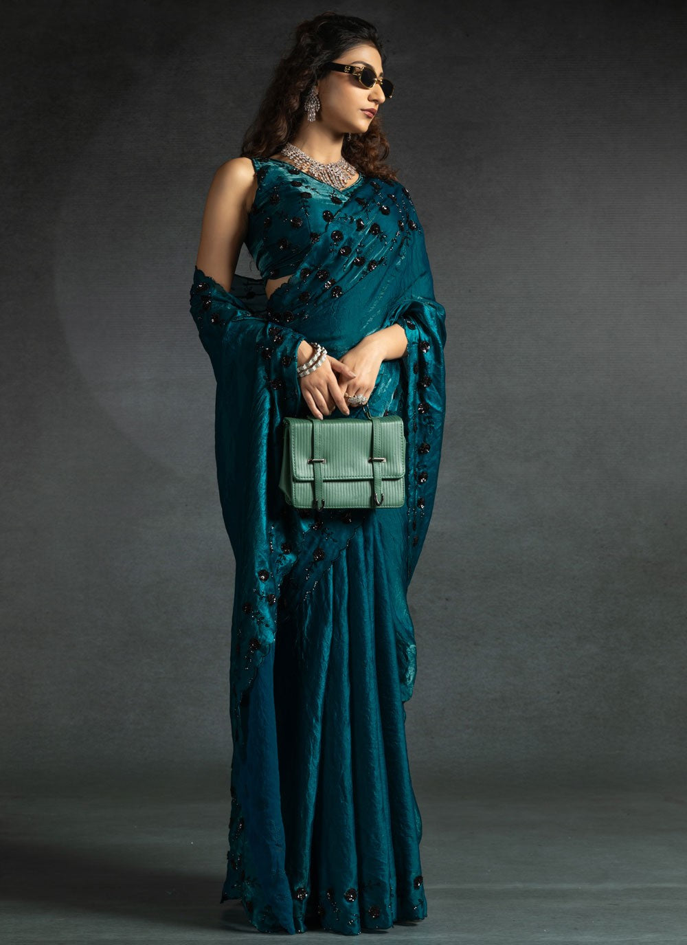 Cut Work Satin Silk Blue Designer Saree S14879