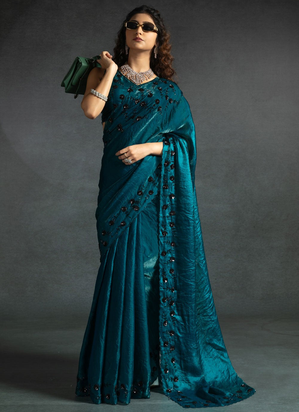 Cut Work Satin Silk Blue Designer Saree S14879