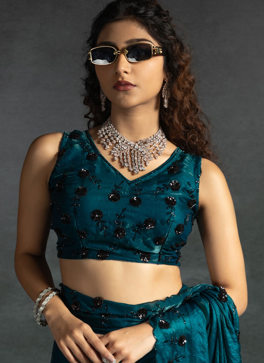 Cut Work Satin Silk Blue Designer Saree S14879