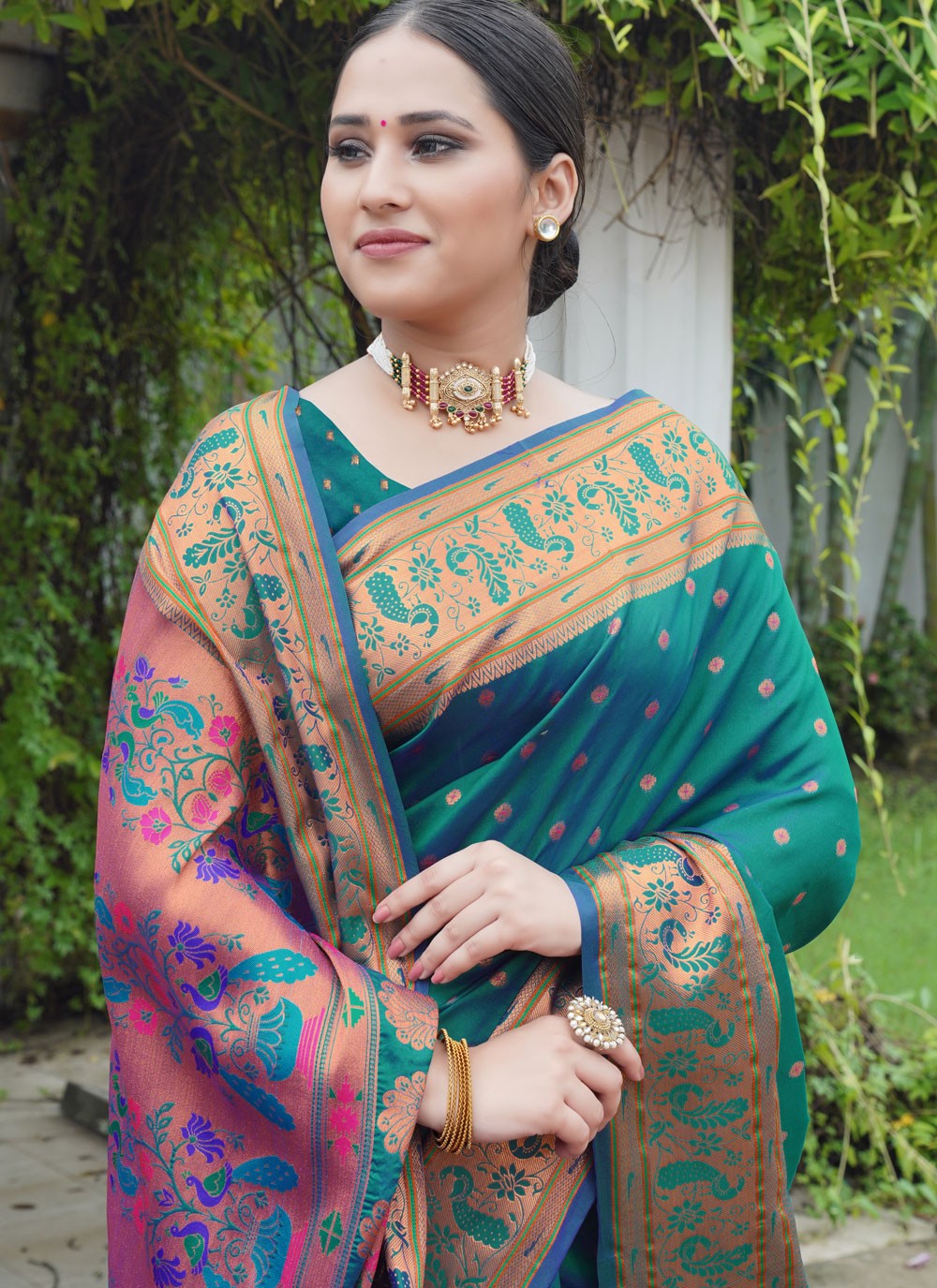 Designer Weaving Zari Blue, Teal Paithni S12641