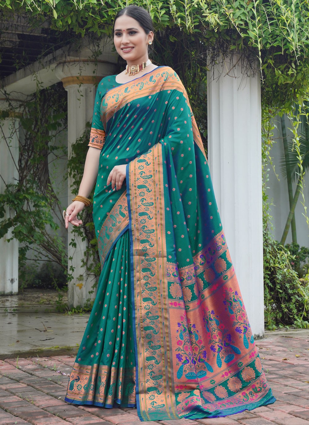 Designer Weaving Zari Blue, Teal Paithni S12641