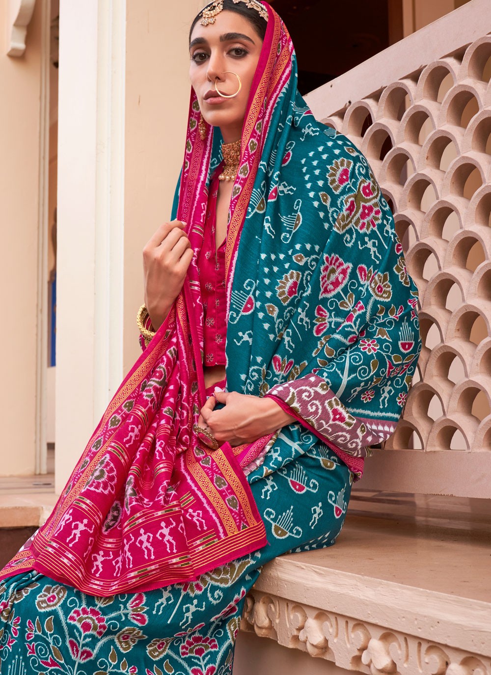 Traditional Printed Blue, Teal Silk Saree S12787