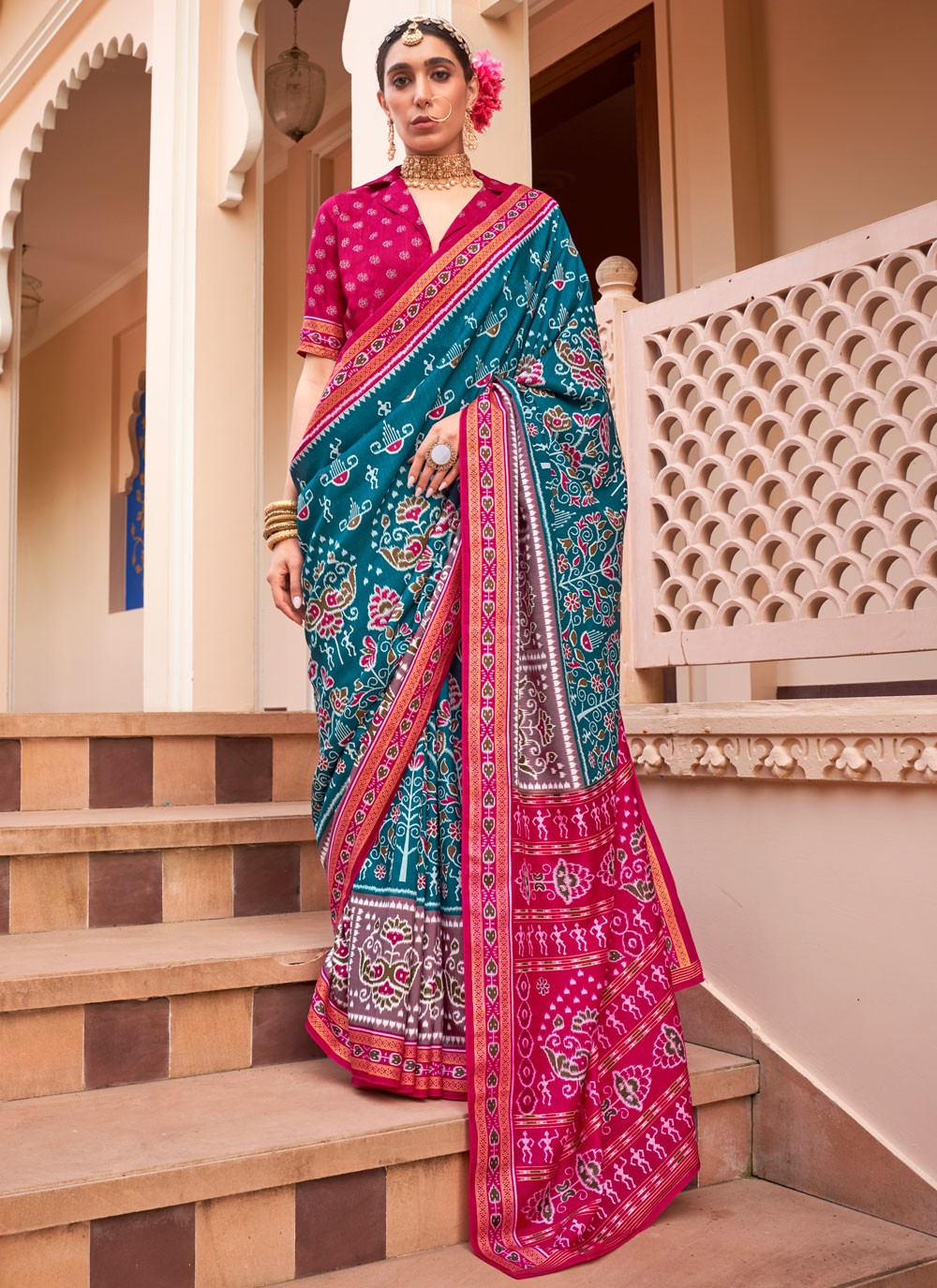 Traditional Printed Blue, Teal Silk S12787