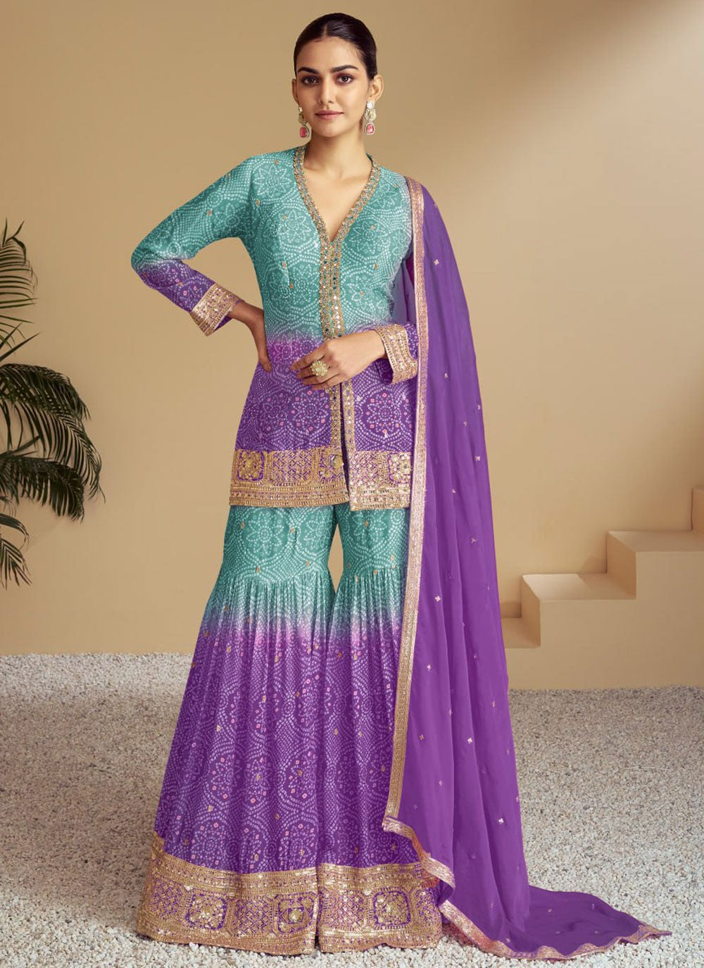 Embroidered Chinon Sharara Suit - T4581