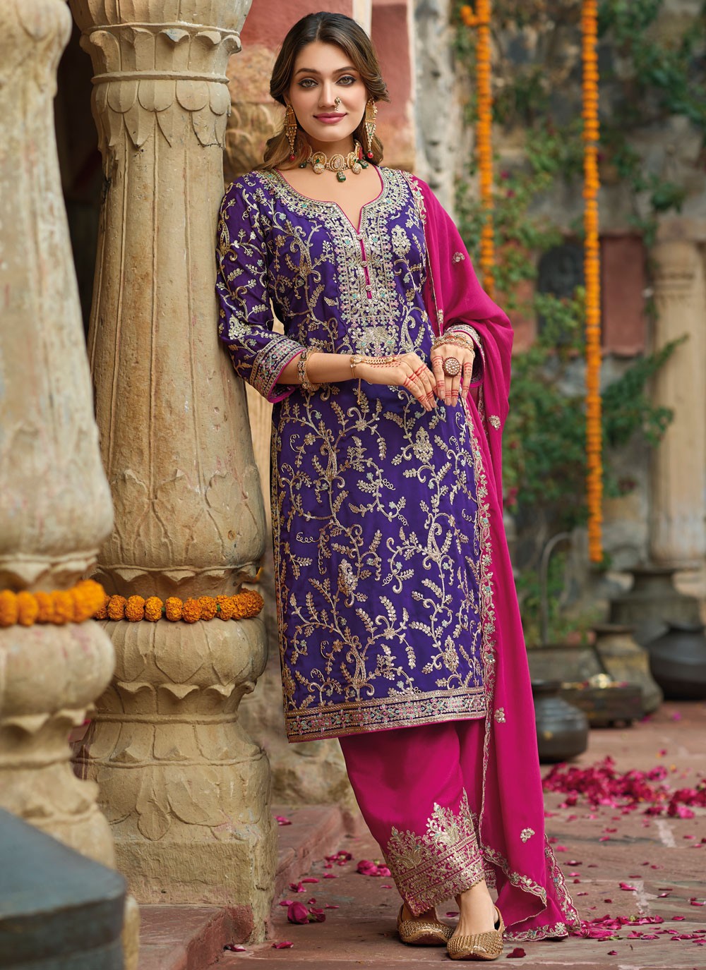 Salwar Suit Embroidered Blue, Violet Chinon T5397