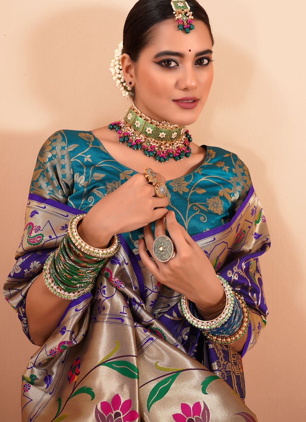 Designer Border Work Blue, Violet Paithni Saree S13307