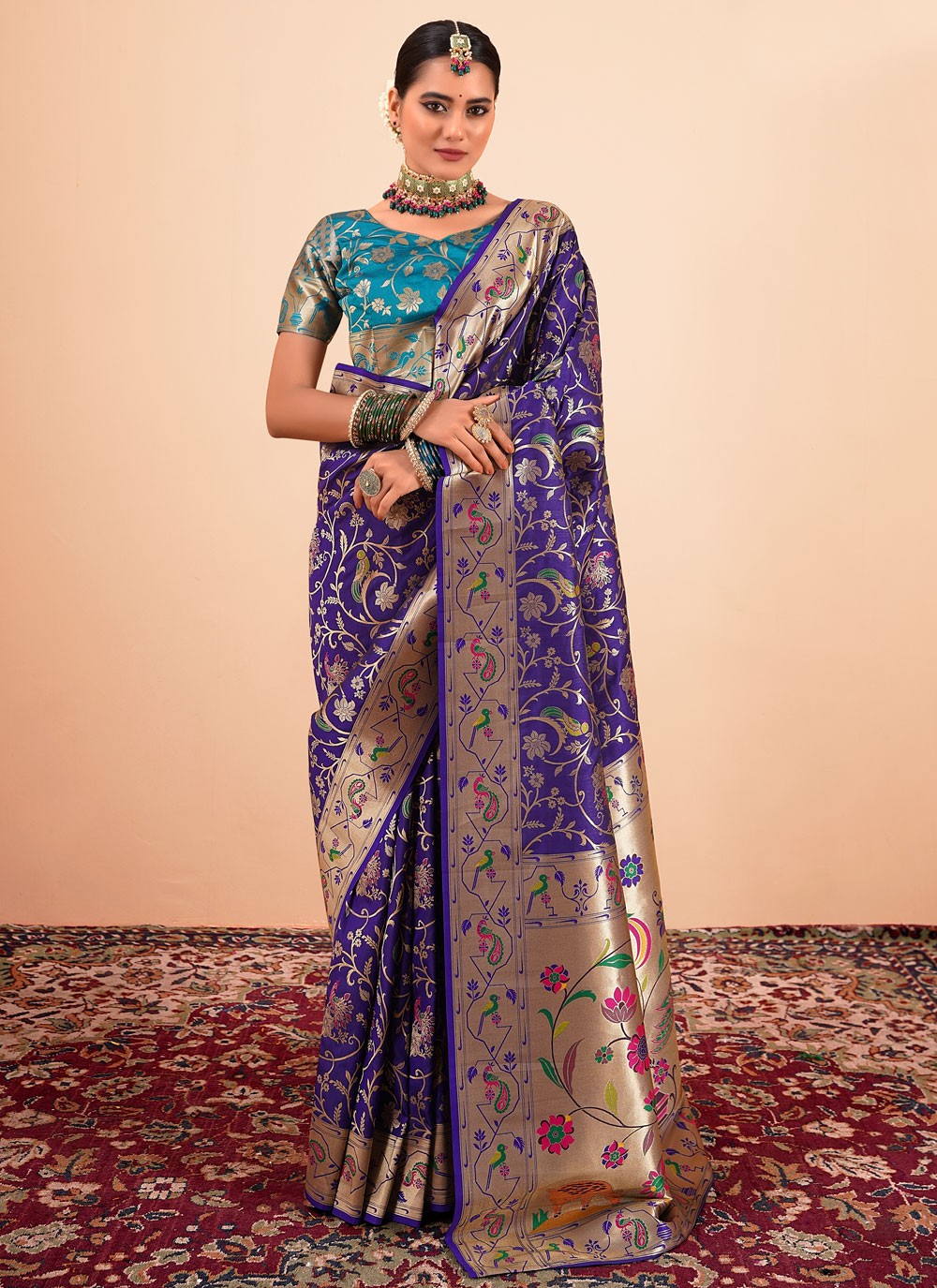 Designer Border Work Blue, Violet Paithni Saree S13307
