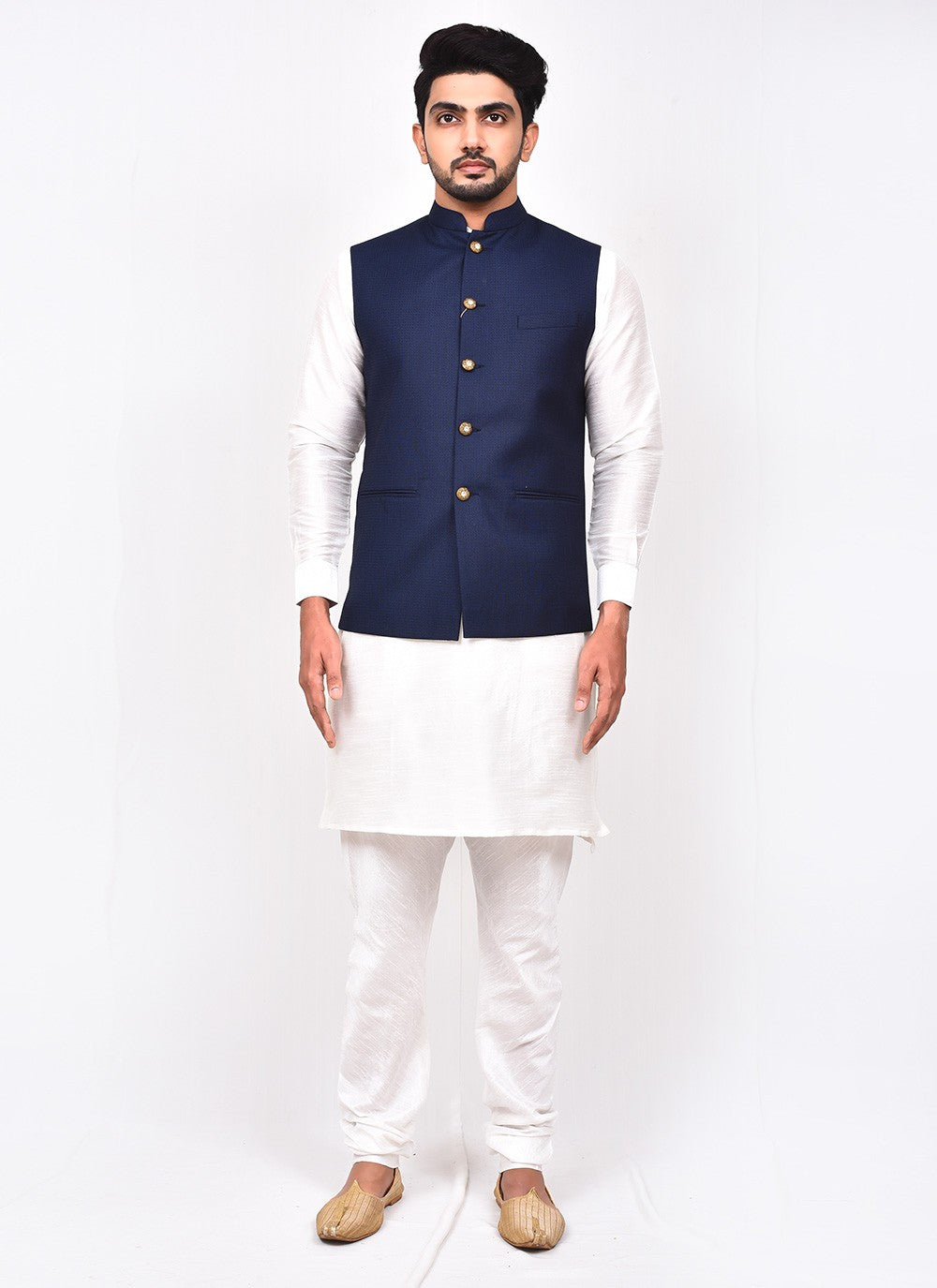 Buttons Art Silk, Rayon Blue, White Kurta Payjama With Jacket - M3272