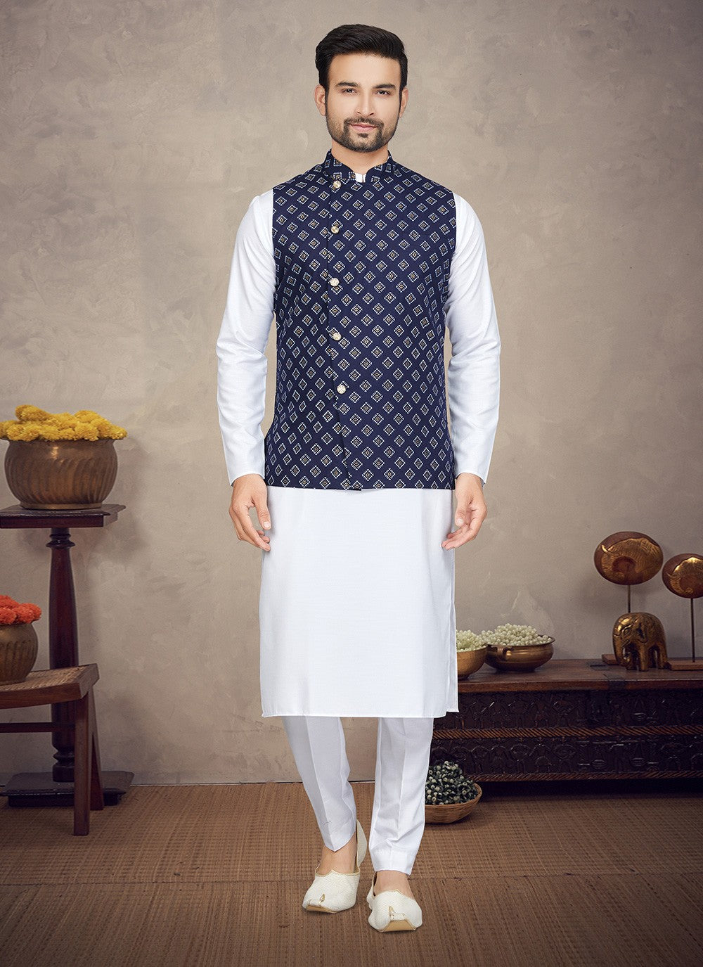 Digital Print Cotton Blue, White Kurta Payjama With Jacket - M5836