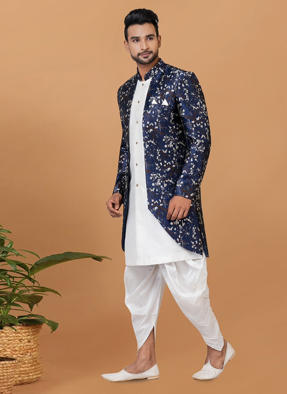 Fancy Work Dupion Silk, Jacquard Silk Blue, White Indo Western Sherwani - M6001