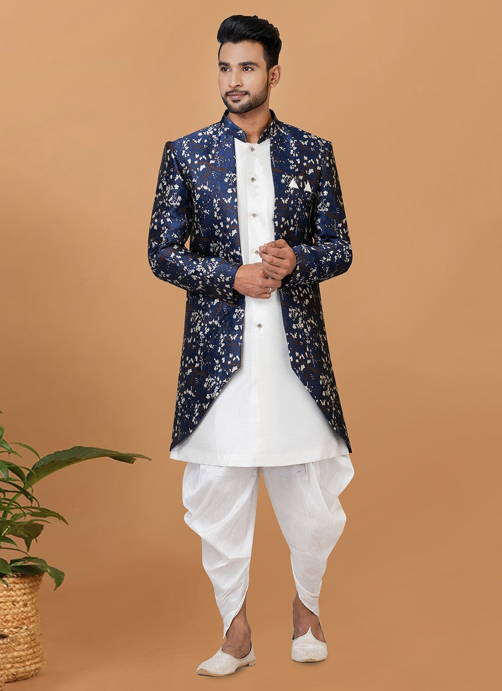 Fancy Work Dupion Silk, Jacquard Silk Blue, White Indo Western Sherwani - M6001
