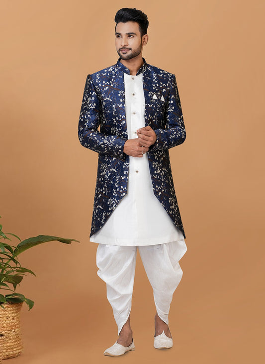 Fancy Work Dupion Silk, Jacquard Silk Blue, White Indo Western Sherwani - M6001