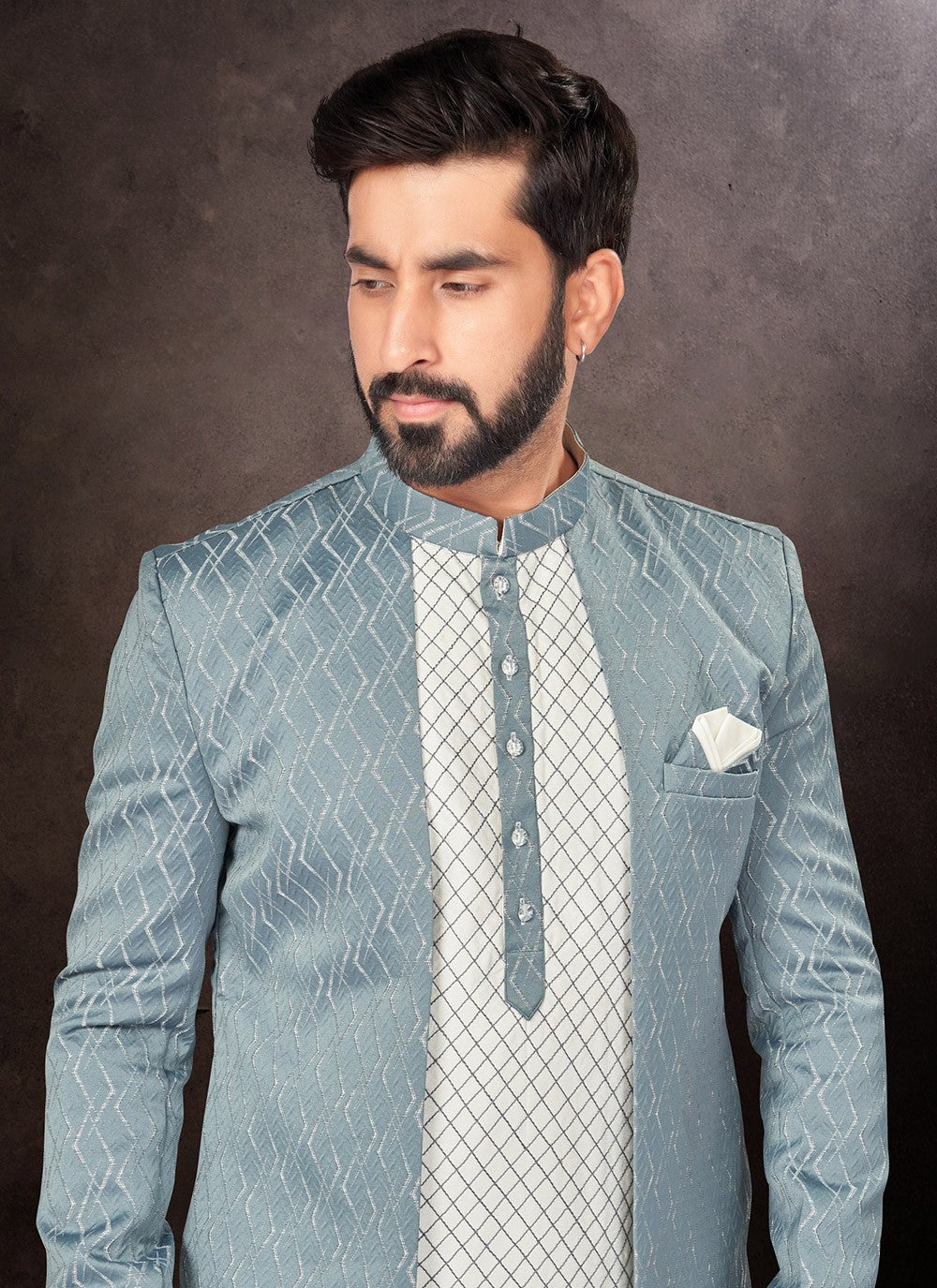 Fancy Work Jacquard Blue, White Indo Western - M7235