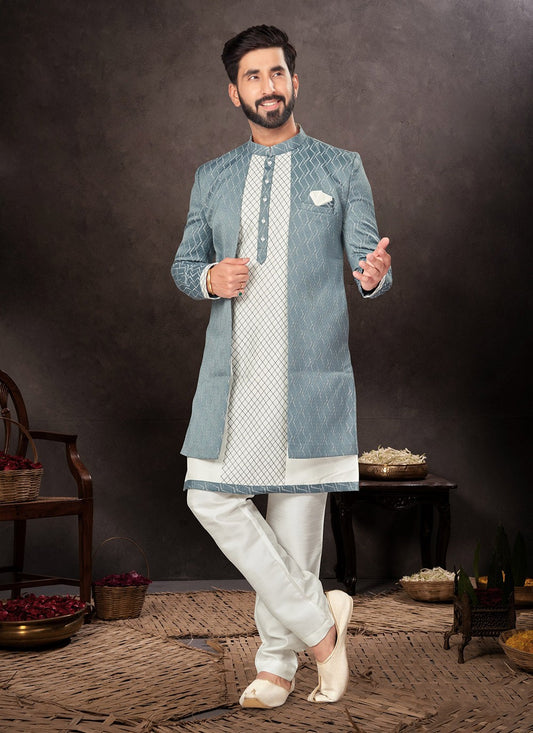 Fancy Work Jacquard Blue, White Indo Western - M7235