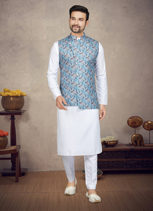 Digital Print Cotton Blue, White Kurta Payjama With Jacket - M5834