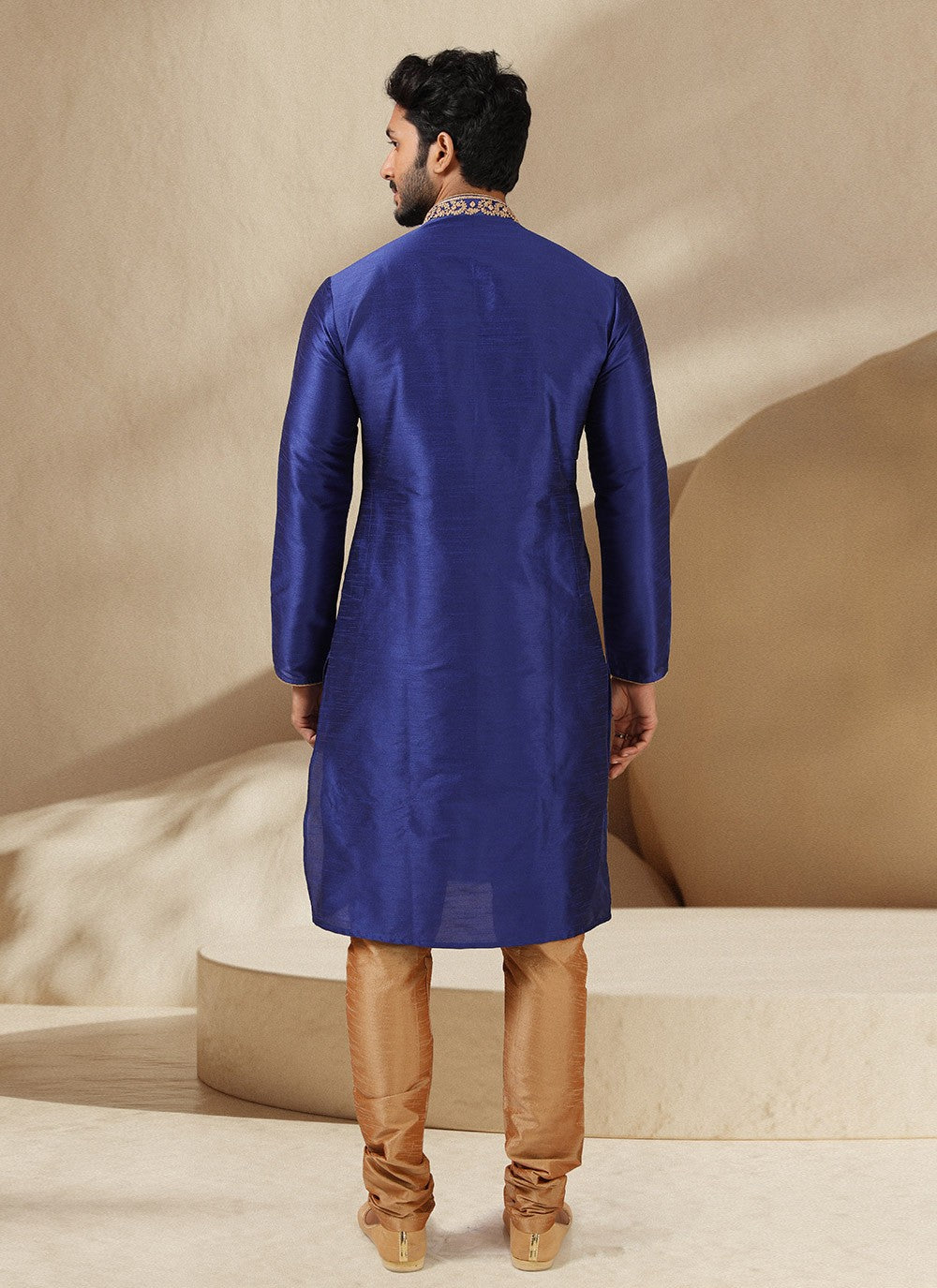 Embroidered Banarasi Silk Blue Kurta Pyjama - M3229