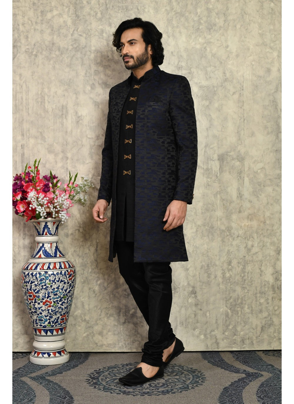 Buttons Art Silk Blue Indo Western - M8023