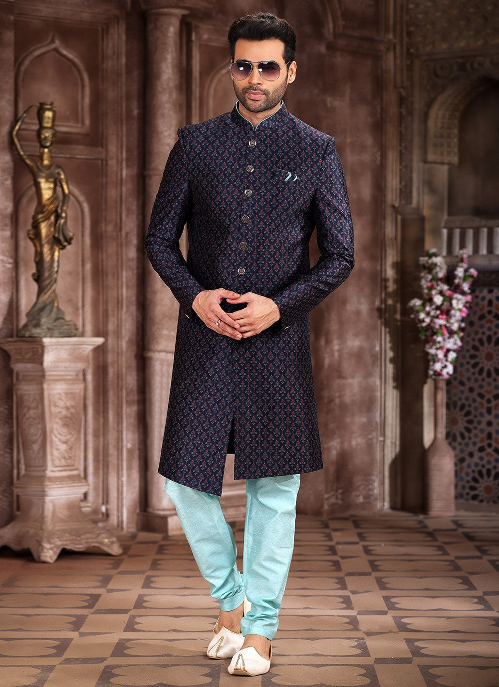 Printed Art Silk Blue Indo Western - M5301