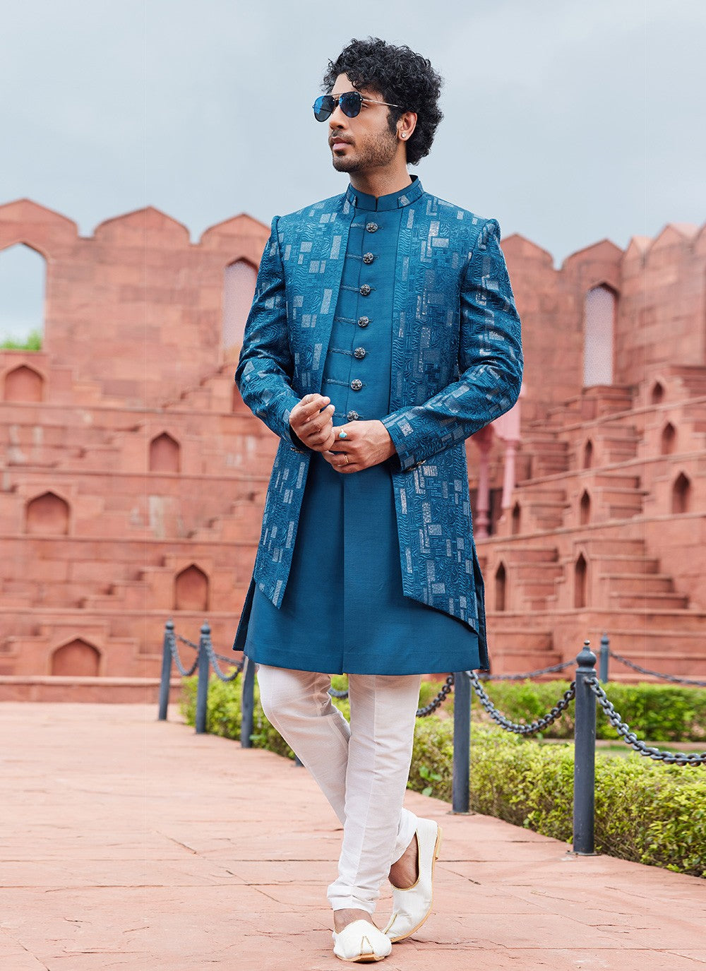 Fancy Work Art Silk Blue Indo Western Sherwani - M6154