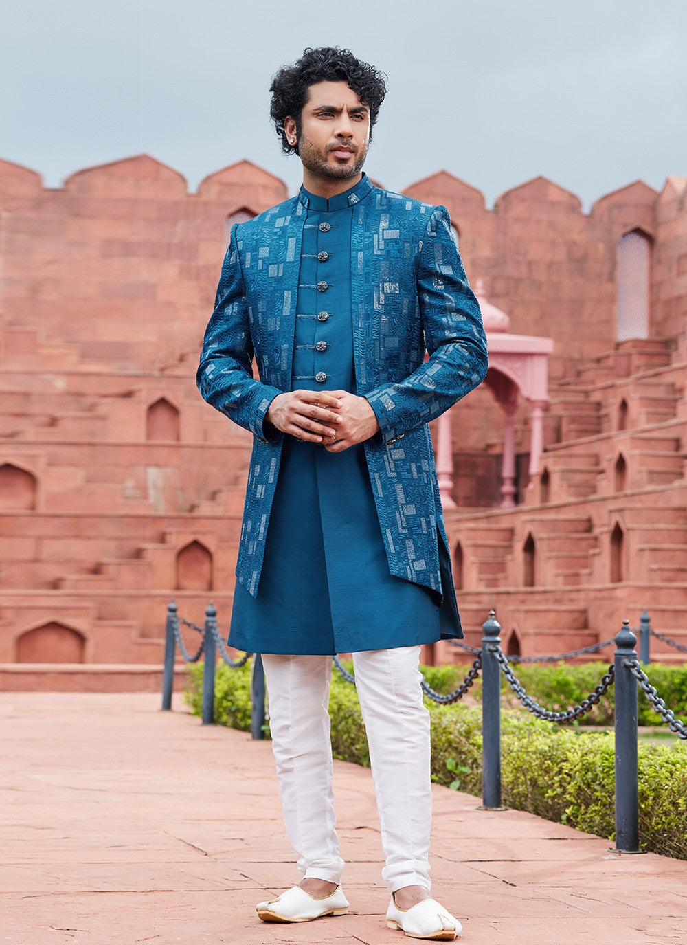 Fancy Work Art Silk Blue Indo Western Sherwani - M6154